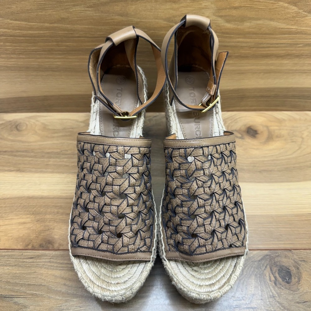 Tory Burch Basketweave Platform Wedge Sandals 8 M Almond Flour Ankle Strap - Picture 4 of 12